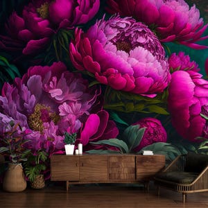 Pink Peony Wallpaper Peel and Stick,Big Magenta Flowers Mural,Floral Wall Decor,Botanical Wall Decor for Bedroom,Flower Bouquet Wallpaper