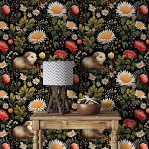 Carta da parati botanica scura con riccio, murale floreale con giardino segreto staccabile e attaccabile, decorazione murale con margherite, decorazione murale con fiori rossi, murale con piante della foresta