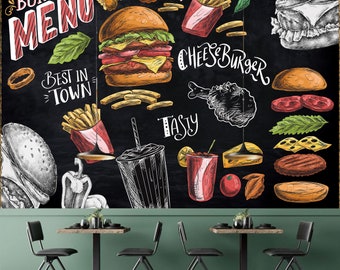 Pizza Hamburguesa Restaurante Peel and Stick Wallpaper,Mural de hamburguesa con queso y papas fritas,Decoración de pared de cafetería de comida rápida,Murales de cafetería autoadhesivos