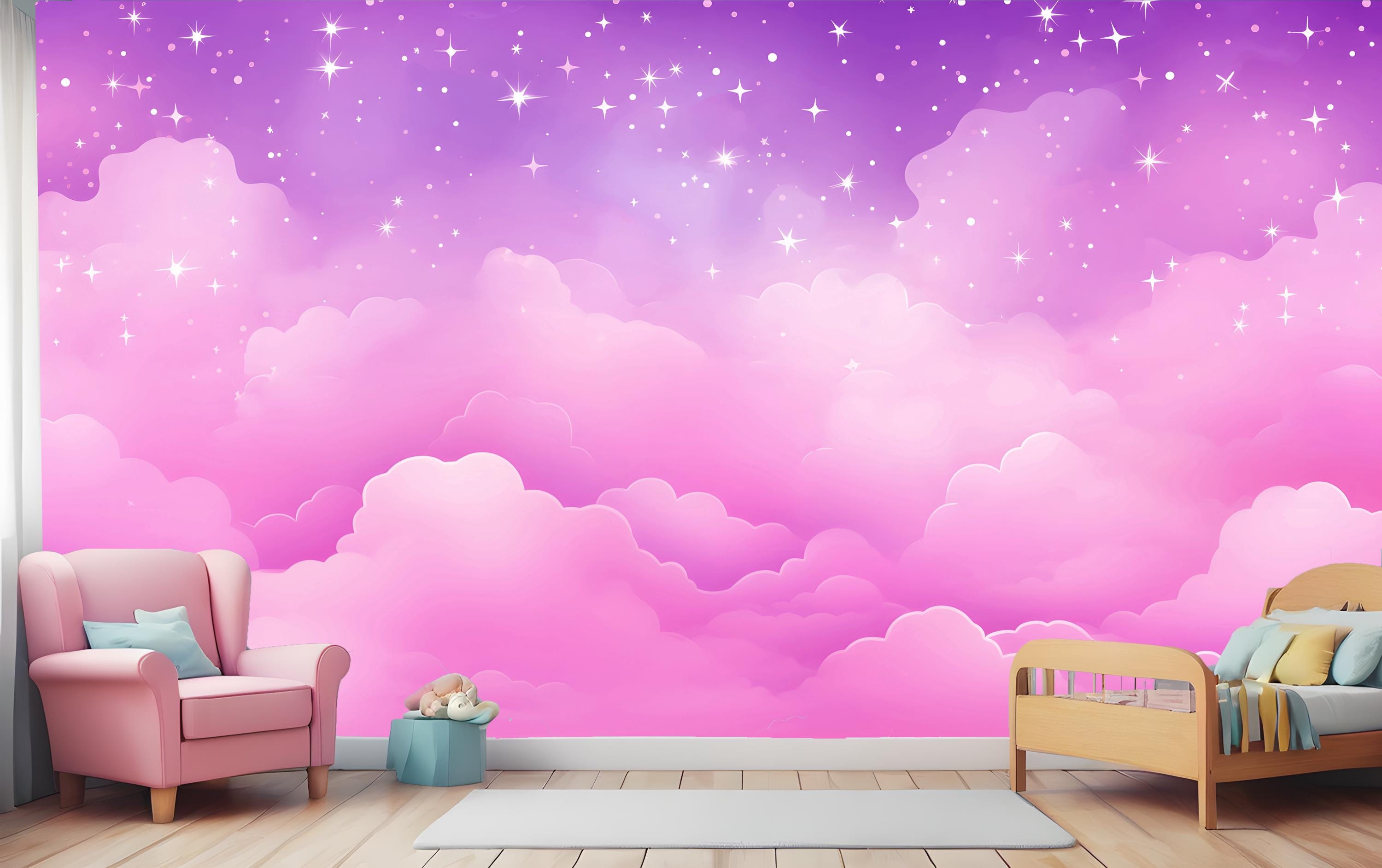Pink Clouds Kids Wallpaper Peel and Stick,purple Sky Mural for Kids ...