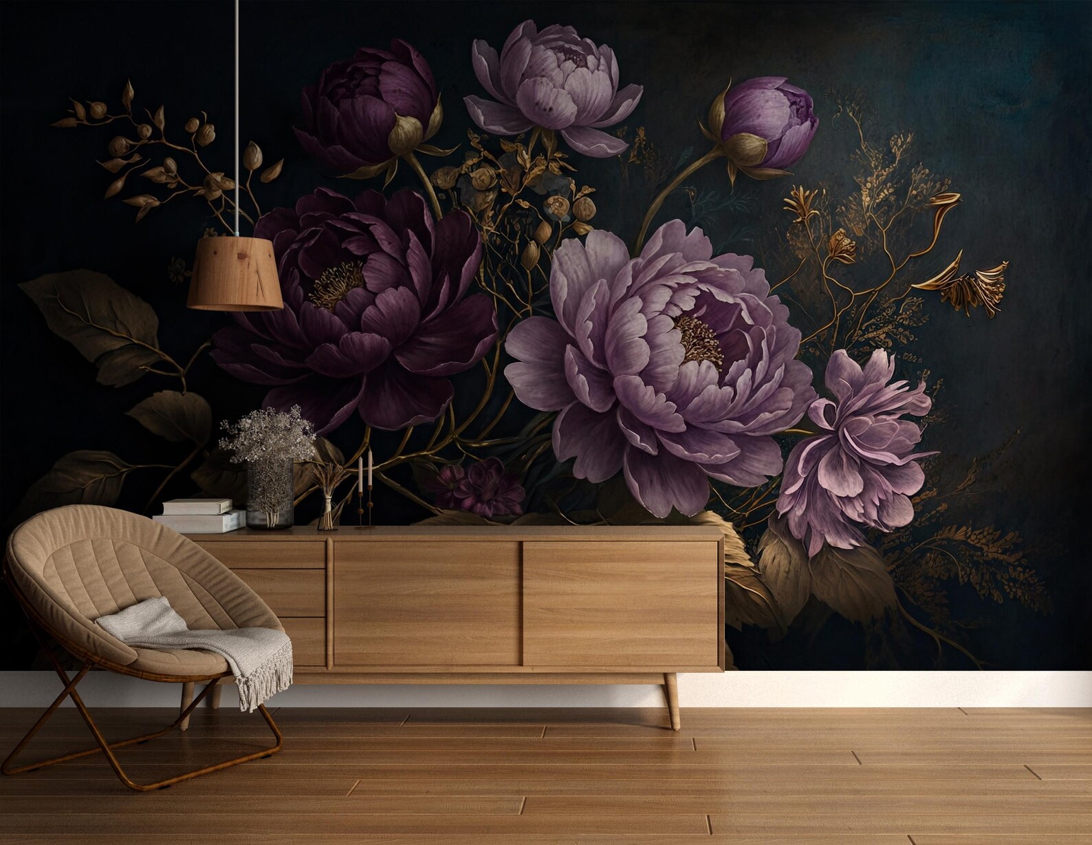 Purple Gold Peony Flowers Wallpaper Peel & Stick,abstract Big Floral ...