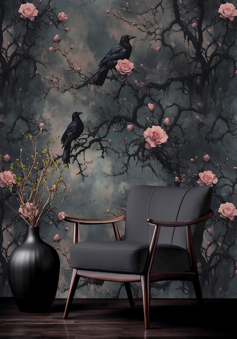 Papel tapiz gótico con cuervos, mural floral oscuro autoadhesivo, decoración de pared melancólica, arte mural nocturno con cuervos autoadhesivos, papel tapiz de flores rosas imagen 1