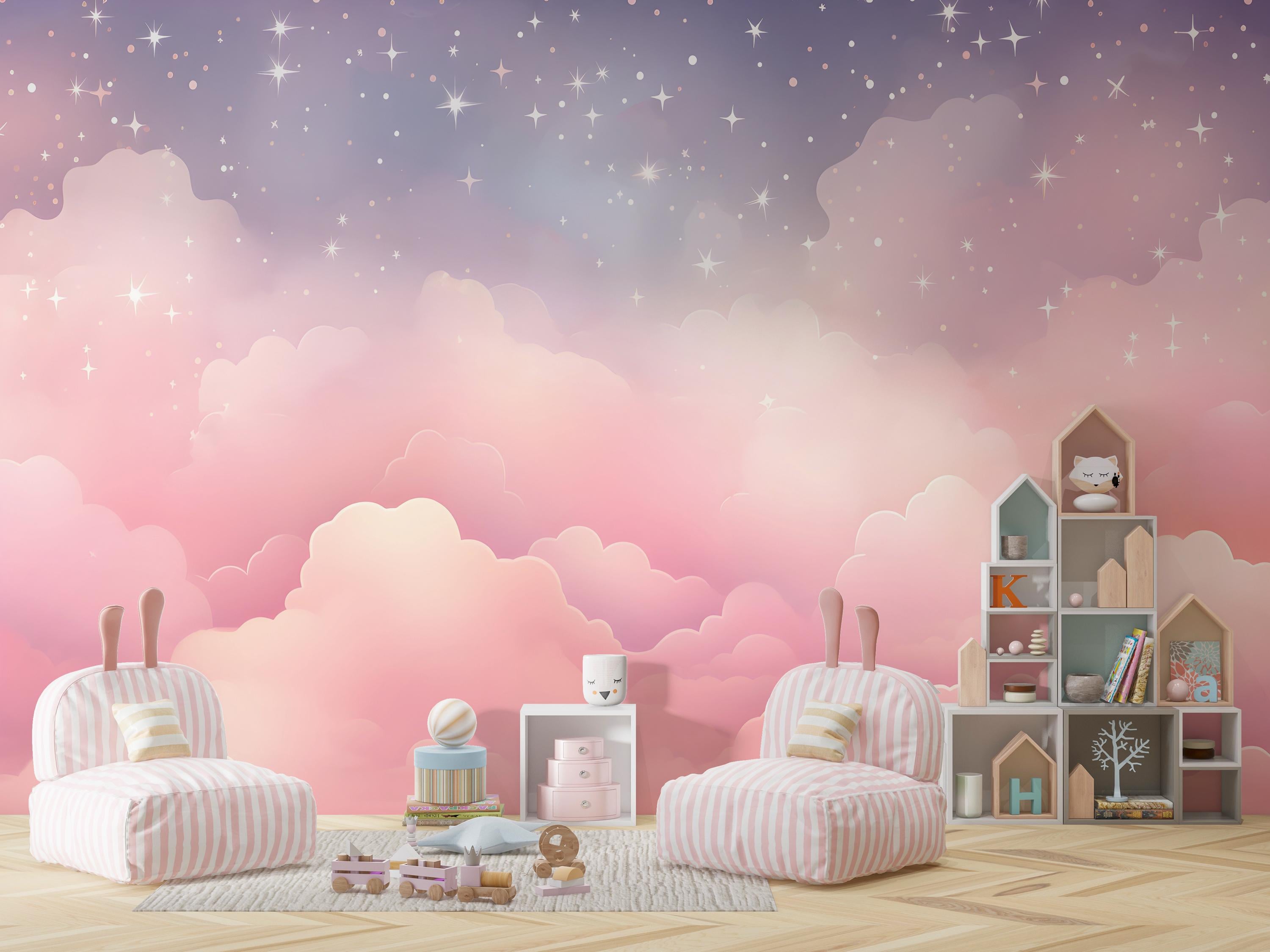 Pink Clouds Kids Wallpaper Peel and Stick,purple Sky Mural for Kids