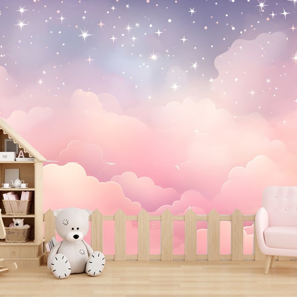 Pink Clouds Kids Wallpaper Peel and Stick,Purple Sky Mural for Kids Room,Cute Stars Wallpaper for Girl,Soft Colored Nursery Baby Wall Decor