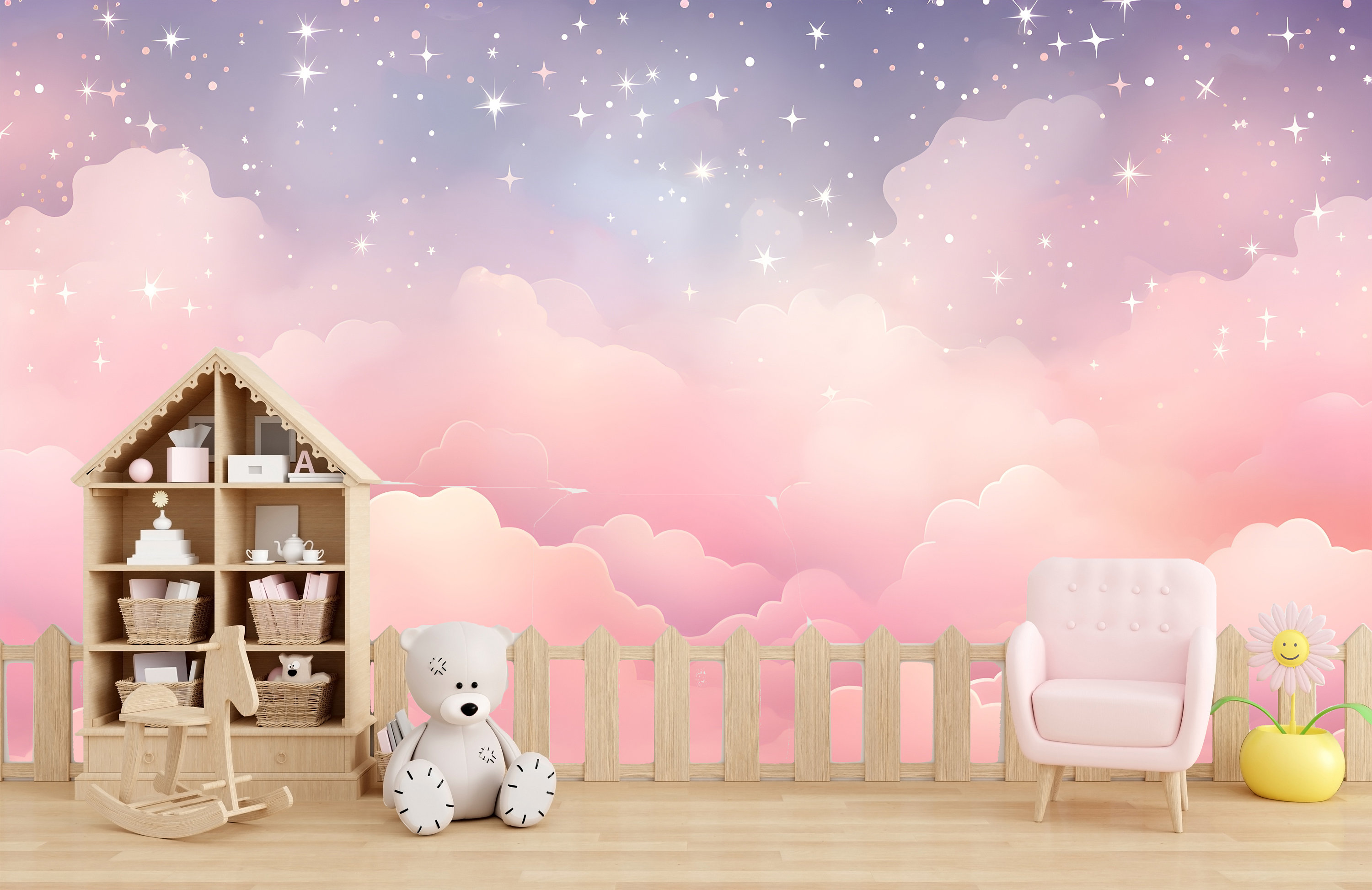 Pink Clouds Kids Wallpaper Peel and Stick,purple Sky Mural for Kids