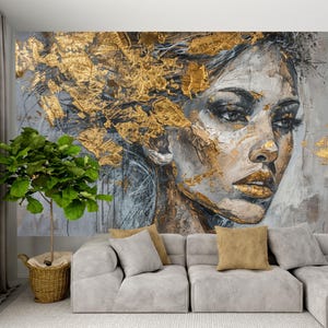 Carta da parati astratta con volto di donna, murale con ritratto femminile dorato, moderna arte murale di bellezza grigia autoadesiva, carta da parati di moda di lusso