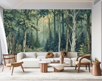 Papel pintado autoadhesivo con paisaje de árboles verdes exuberantes, mural de escena forestal, decoración rústica de pared de naturaleza, arte mural pastoral, mural para sala de estar