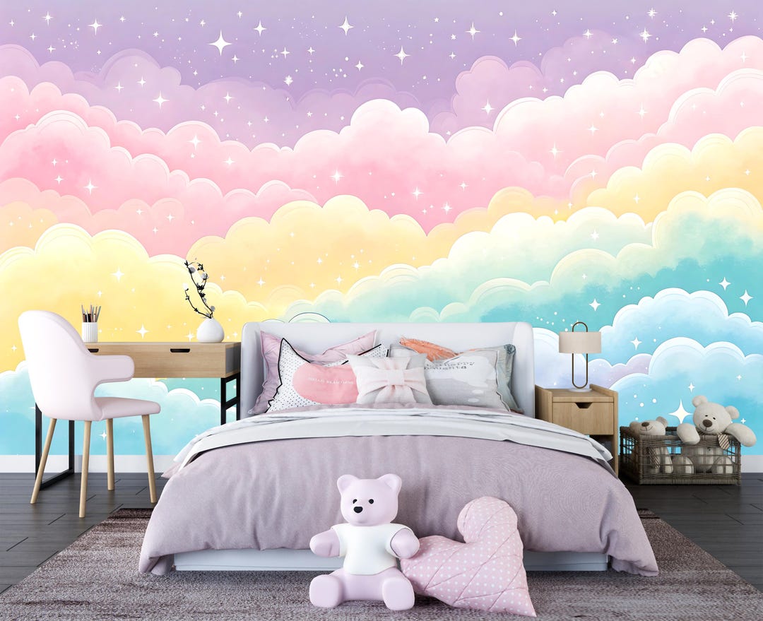Pink Clouds Kids Wallpaper Peel and Stick,colorful Sky Nursery Mural ...