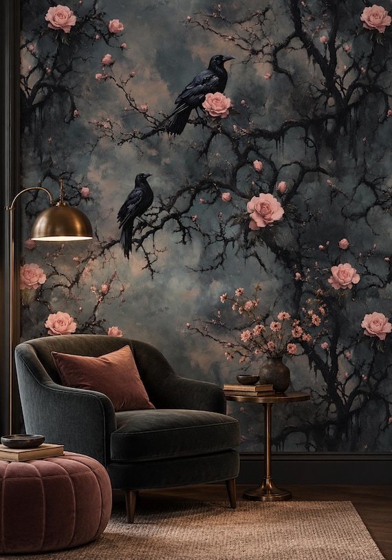 Gothic Wallpaper with Crows,Dark Floral Mural Peel and Stick,Moody Wall Decor,Night Wall Art with Corvi Self-adhesive,Pink Flowers Wallpaper