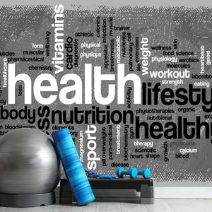 Fitness Center Wallpaper Peel and Stick,Gym Poster Mural,Health Wall Decor,Meditation Word Clouds,Body Building Wall Art,Sports Mural
