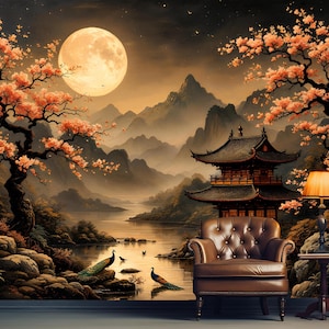 Chinoiserie Pagoda Wallpaper Peel and Stick,Cherry Blossoms Vintage Japanese Scene Mural,Chinese Landscape Wall Decor,Rustic Scene Wall Art