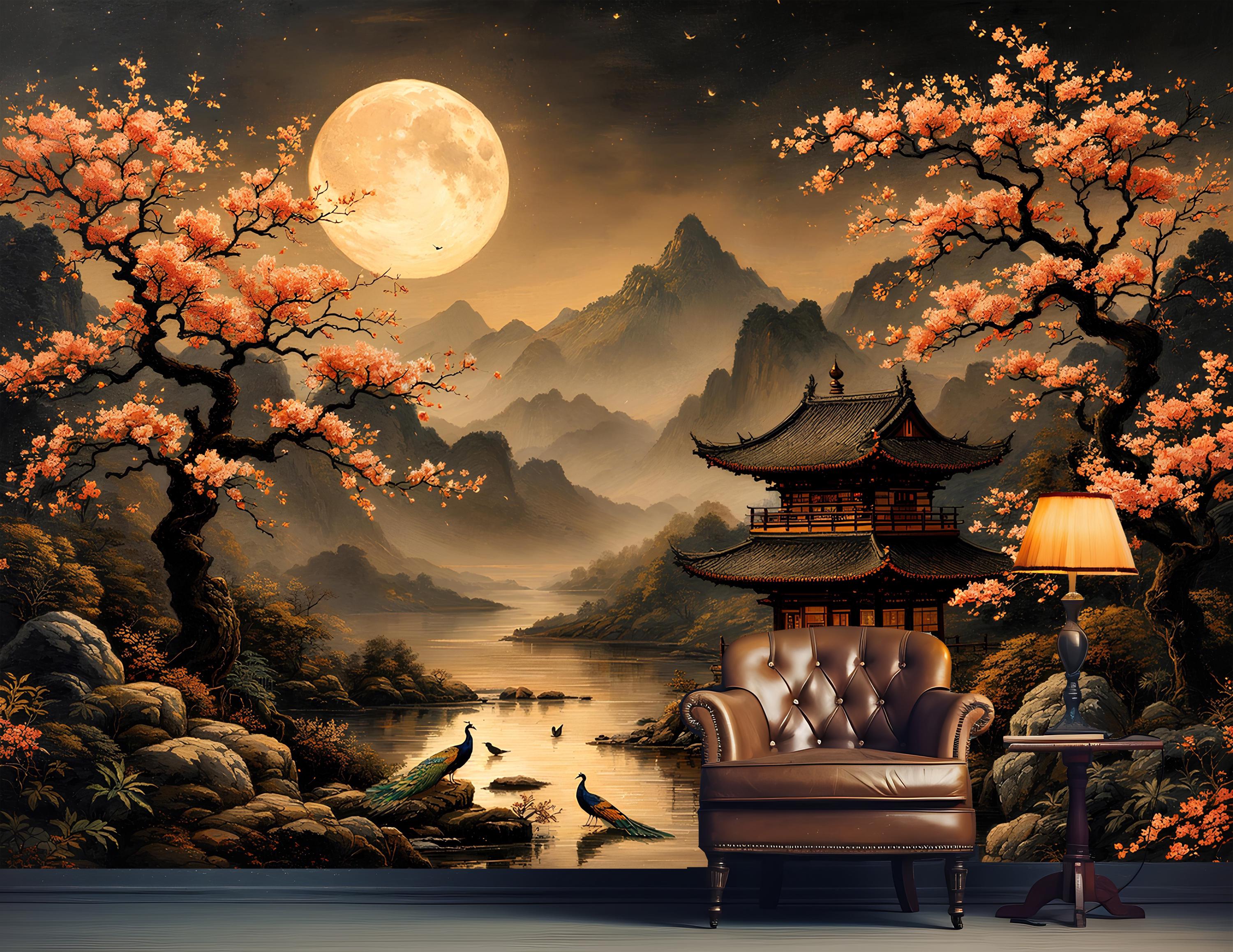 Chinoiserie Pagoda Wallpaper Peel and Stick,Cherry Blossoms Vintage Japanese Scene Mural,Chinese Landscape Wall Decor,Rustic Scene Wall Art