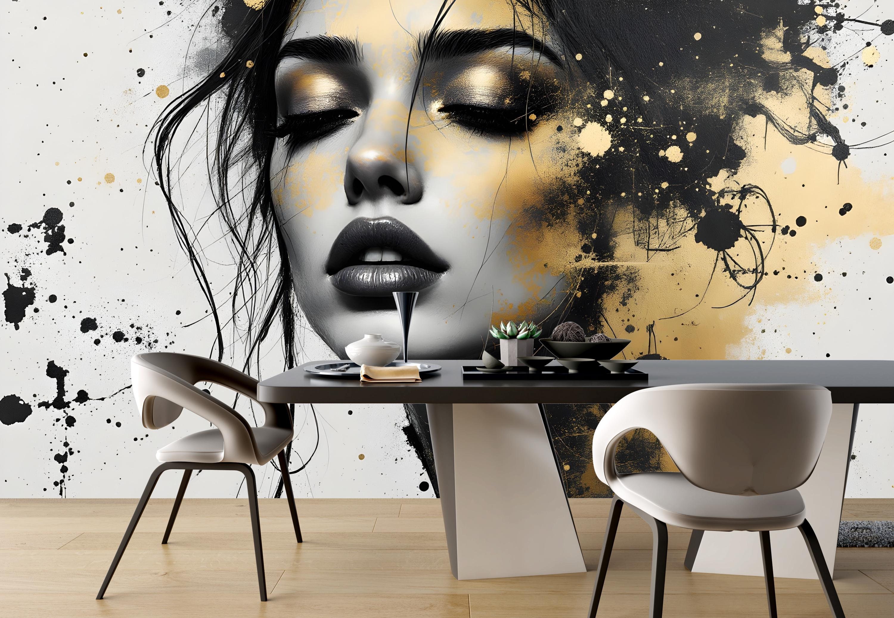Abstract Woman Face Wallpaper Peel and Stick,Modern Black Gold Mural,Female Portrait Wall Art Self-adhesive,Custom Luxury Fashion Wallpaper