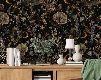 Papel tapiz gótico de bruja oscura, autoadhesivo, mural con patrón de vida marina negra sin costuras, decoración de pared de bruja marina, papel tapiz de mago nocturno con luna