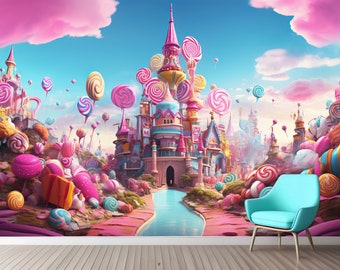 Papel pintado para niños de Castillo de cuento de hadas, despegar y pegar, caramelos rosas y nubes, mural para guardería, bonito papel pintado de globos aerostáticos para habitación de niñas