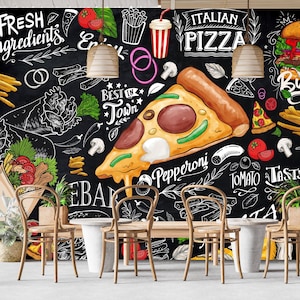 Carta da parati adesiva per ristorante di pizza e hamburger, murale di kebab e patatine fritte turche, decorazione murale per fast food, murales autoadesivi per caffetterie