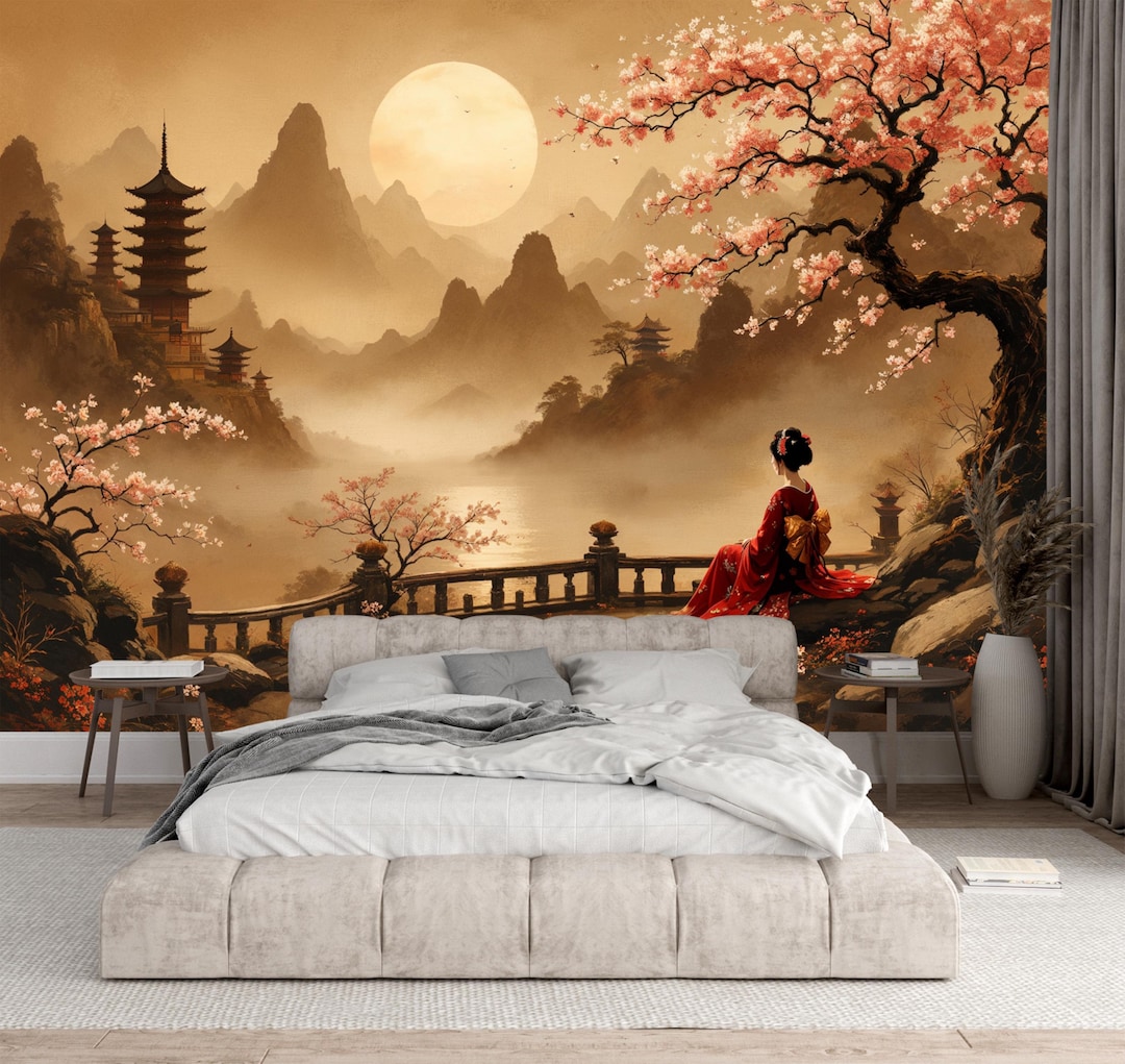 Chinoiserie Pagoda Wallpaper Peel and Stick,cherry Blossoms Vintage ...