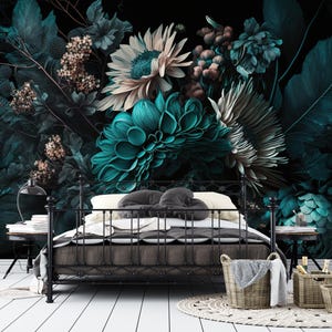 Blue Floral Wallpaper on Black Background,Big Turquoise Peony Flower Mural,Elegant Bedroom Wall Decor,Dark Mural,Botanical Living Room Mural