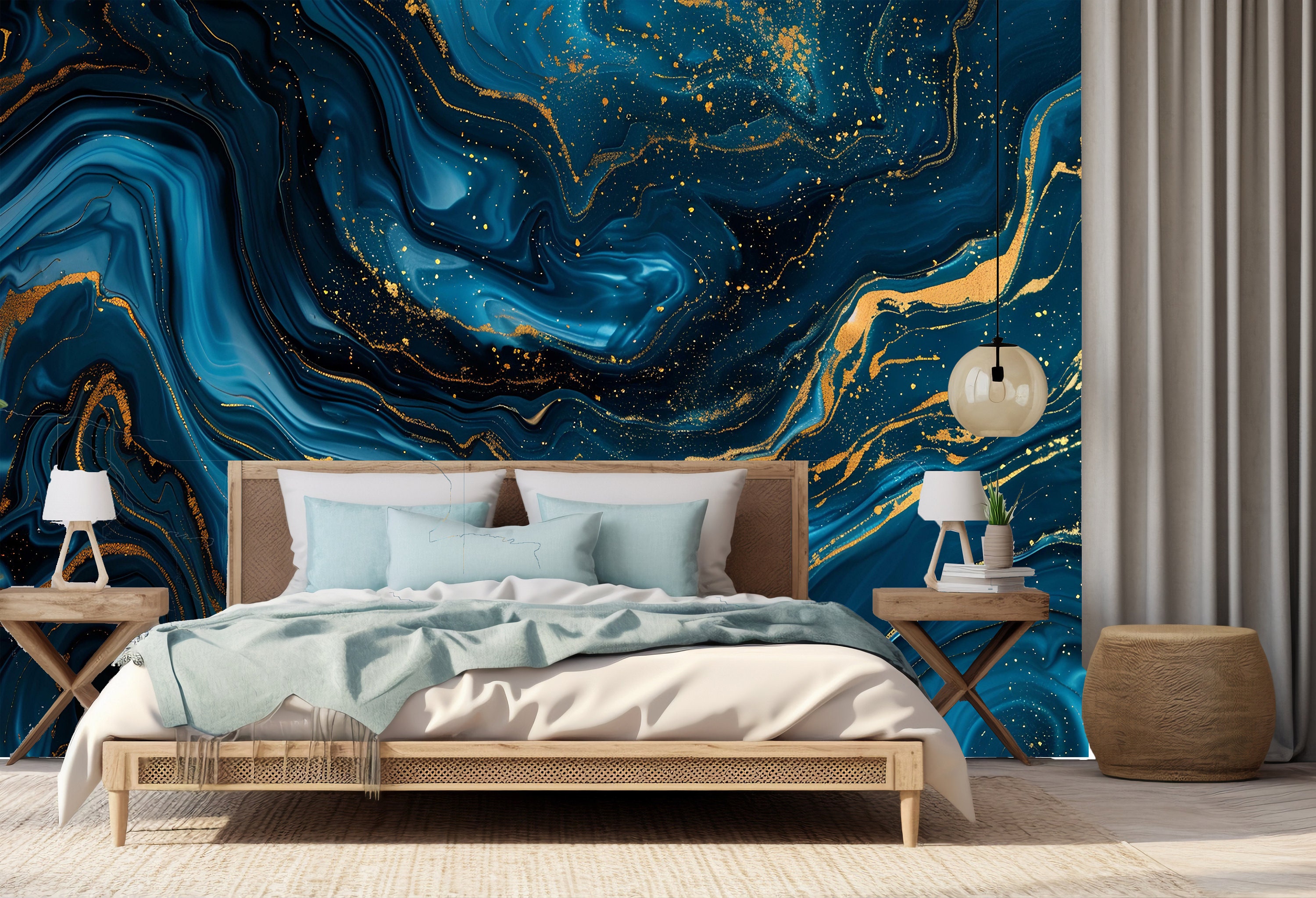 Navy Gold Marble Wallpaper Peel and Stick,dark Blue Ink Mural,luxury