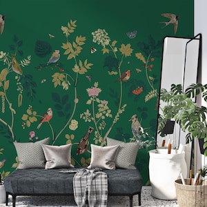 Green Chinoiserie Wallpaper Peel and Stick,Floral Mural with Birds,Japanese Blossom Flowers Wall Decor,Asian Wall Art,Tropical Chinese Mural