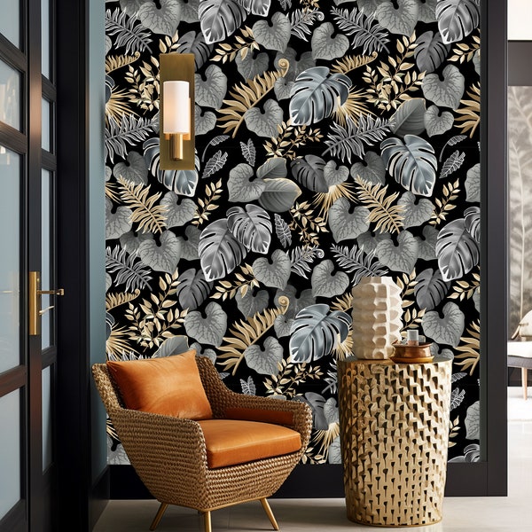 Black Gold Monstera Leaves Peel and Stick Wallpaper,Tropical Palm Mural Wall,Removable Gray Exotic Leaf Wall Decor Self-adhesive,Non-woven