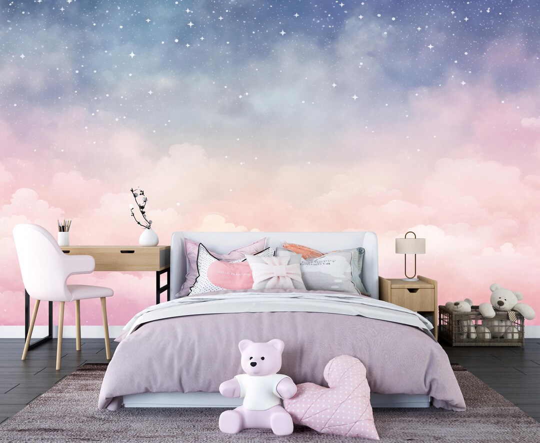 Pink Clouds Kids Wallpaper Peel and Stick,purple Sky Mural for Kids ...