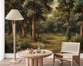 Papel tapiz de paisaje forestal autoadhesivo, mural de árboles verdes exuberantes, decoración de pared de naturaleza pastoral