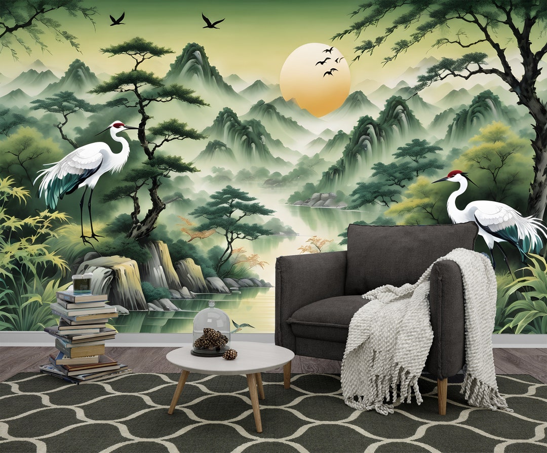 Green Chinoiserie Wallpaper Peel and Stick,rustic Landscape Mural ...
