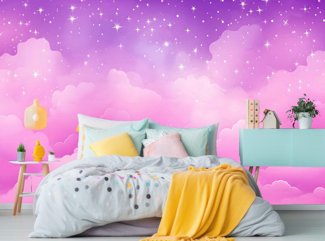 Pink Clouds Kids Wallpaper Peel and Stick,purple Sky Mural for Kids ...