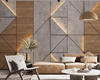 3D Holz Tapete mit Lichtblick, Braunes Geometrisches Büro Wandbild, Graue Tafel Wanddekoration, Modernes Schlafzimmer Tapete, Marmor Wandbild Vlies