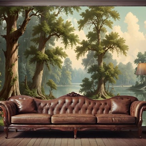 Vintage Landscape Wallpaper Peel and Stick,Nature Mural with Trees and Lake,River Pastoral Wall Art,Gift for Home,Rural Living Room Mural