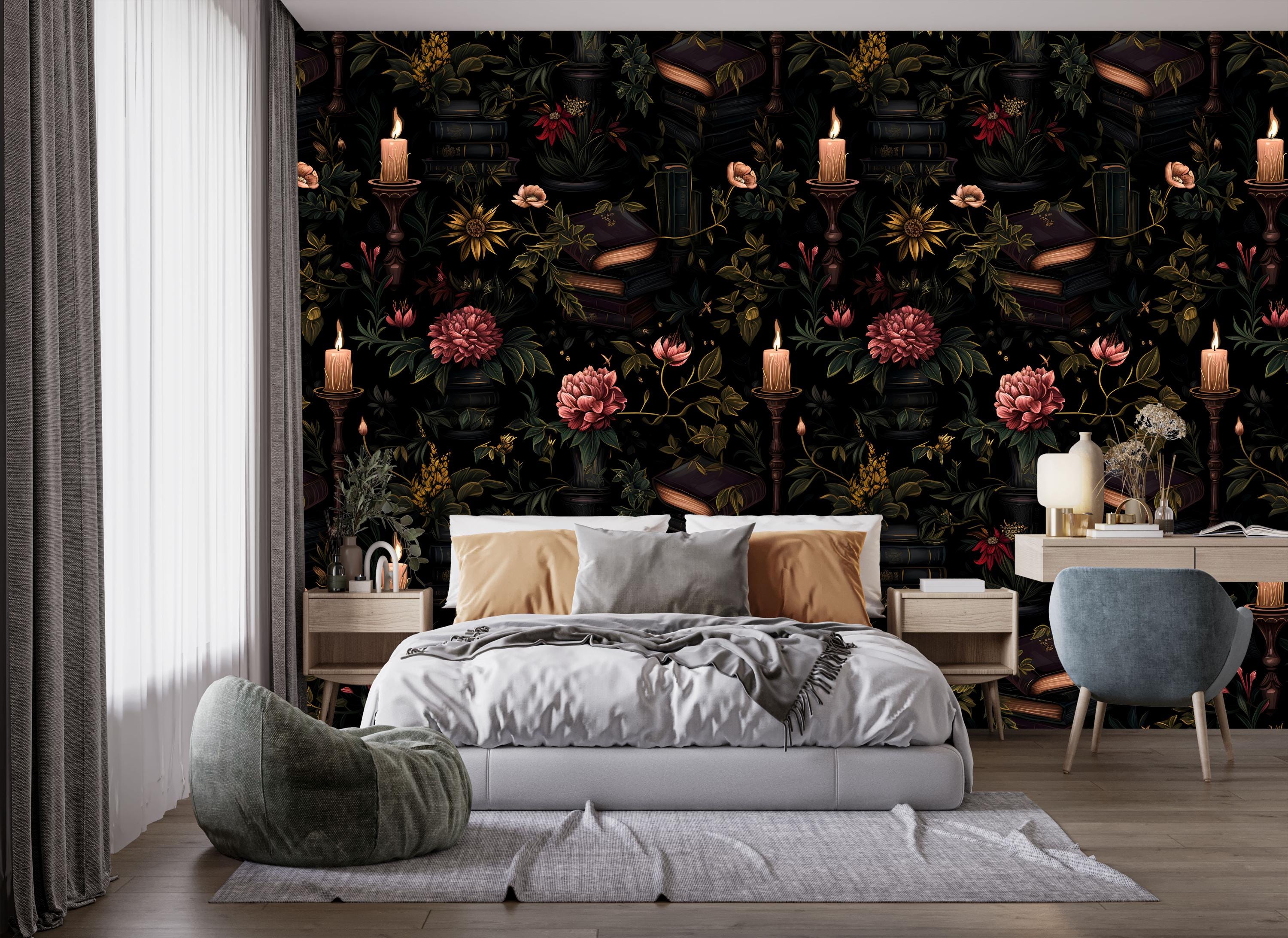Dark Gothic Wallpaper With Candles,mystic Floral Wall Mural Peel and