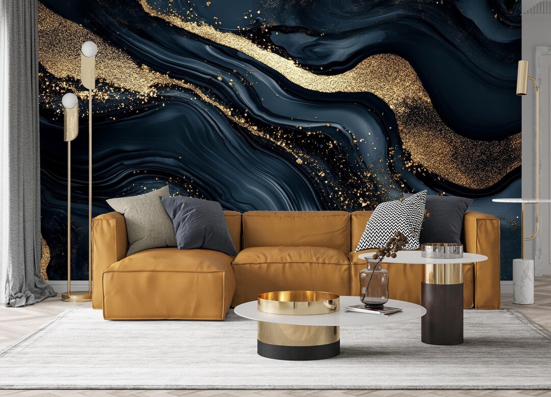 Navy Gold Marble Wallpaper,dark Blue Ink Mural,luxury Golden Black Wall ...