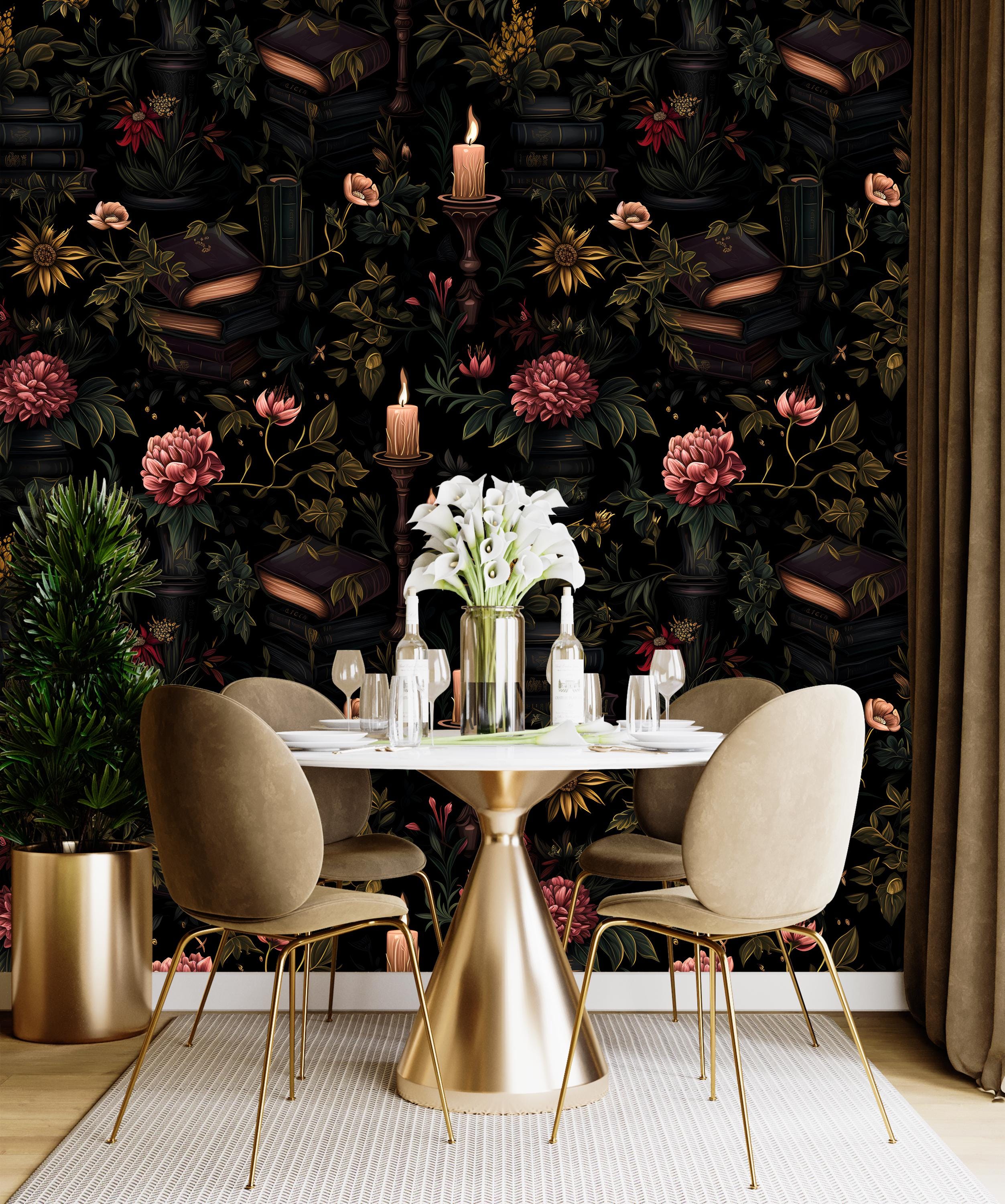 Dark Gothic Wallpaper With Candles,mystic Floral Wall Mural Peel and