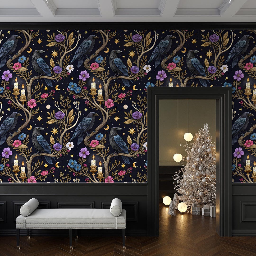 Gothic Wallpaper With Crows,dark Floral Mural Peel&stick,black Floral