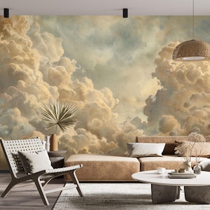 Carta da parati vintage con nuvole, murale con cielo sereno, decorazione da parete rinascimentale, arte murale con paesaggio di nuvole bianche e soffici, carta da parati antica