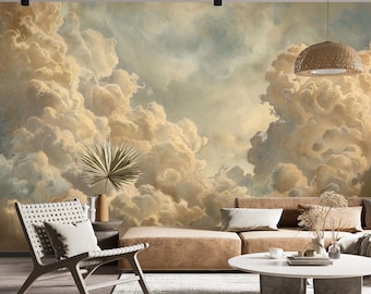 Vintage Clouds Wallpaper Peel and Stick,Serene Sky Mural,Renaissance Wall Decor,White Fluffy Cloud Landscape Wall Art,Ancient Wallpaper
