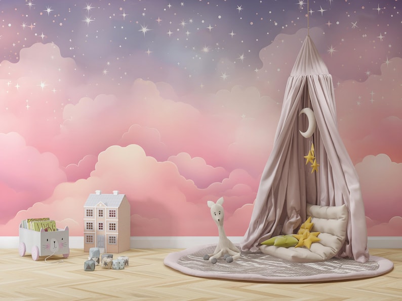 Pink Clouds Kids Wallpaper Peel and Stick,purple Sky Mural for Kids ...