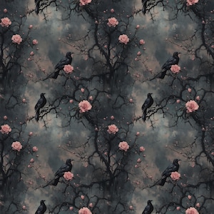 Puede incluir: Un patr&oacute;n sin costuras con cuervos negros posados en ramas desnudas con rosas rosadas en flor. El fondo es un cielo oscuro y nublado.