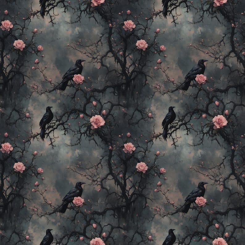 Puede incluir: Un patr&oacute;n sin costuras con cuervos negros posados en ramas desnudas con rosas rosadas en flor. El fondo es un cielo oscuro y nublado.
