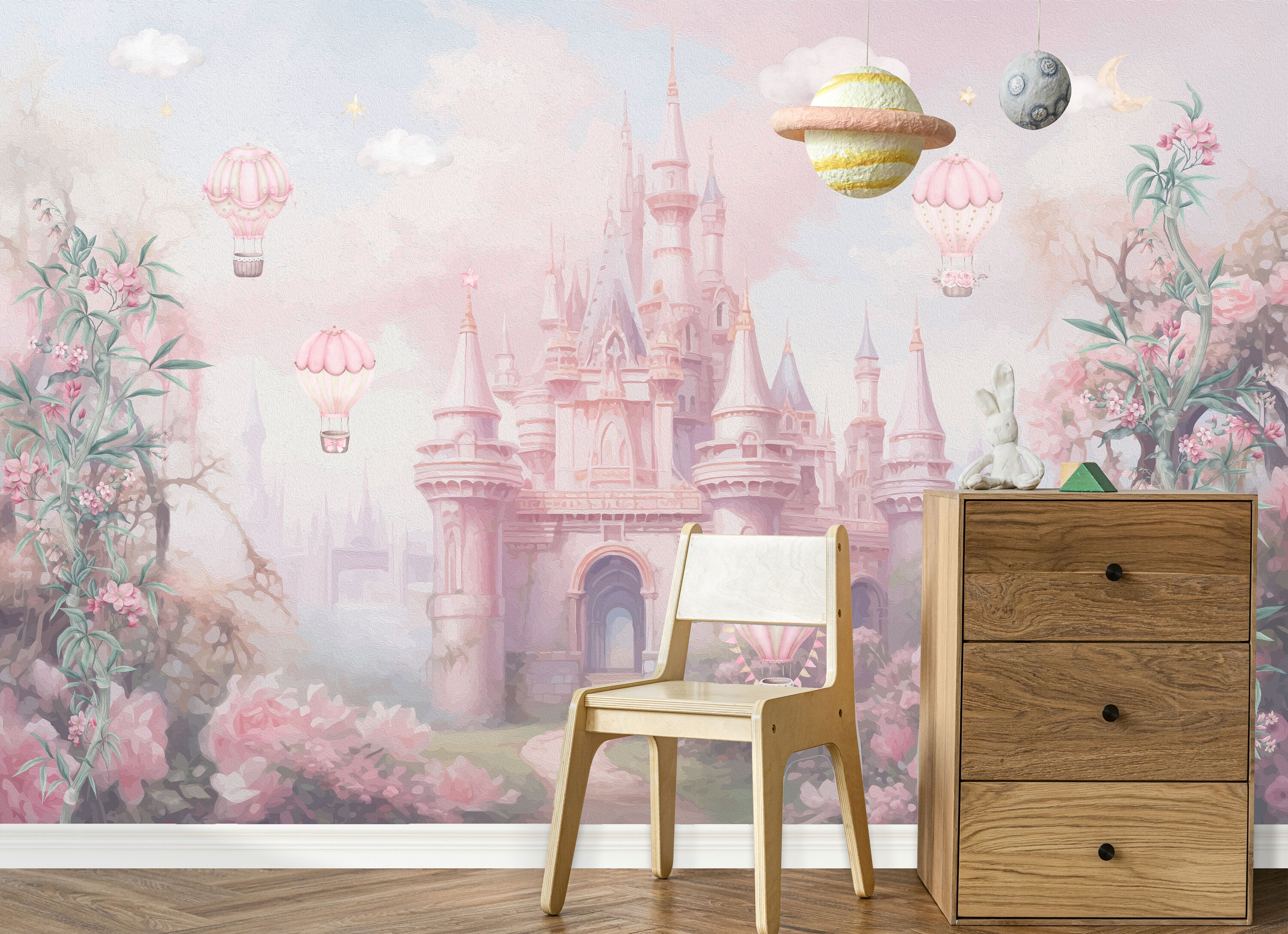 Fairy Tale Castle Kids Wallpaper Peel and Stick,pink Clouds and Flowers ...