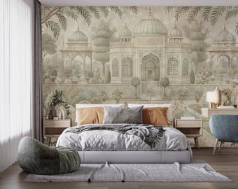 Alte Mughal Garten-Tapete, Vintage üppiges Jaipur-Wandbild Schälen und Aufkleben, Indische Landschaftswanddekoration, Chinoiserie-Wandkunst, asiatische Tapete