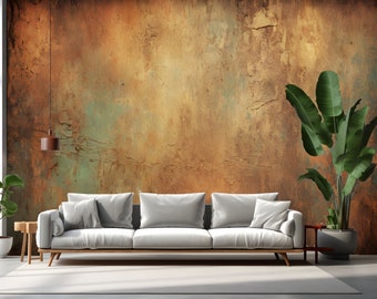 Rusty Brown Textured Wallpaper Peel and Stick,Copper Concrete Mural,Ancient Wall Art,Antique Beige Blue Mural,Custom Old Paper Wall Decor