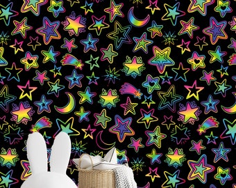 Bright Neon Stars Kids Wallpaper Peel and Stick, Mural del cielo para la habitación de las niñas, Arte de la pared del vivero espacial, Decoración de la pared de los cometas extraíbles, Arte de la pared gótica