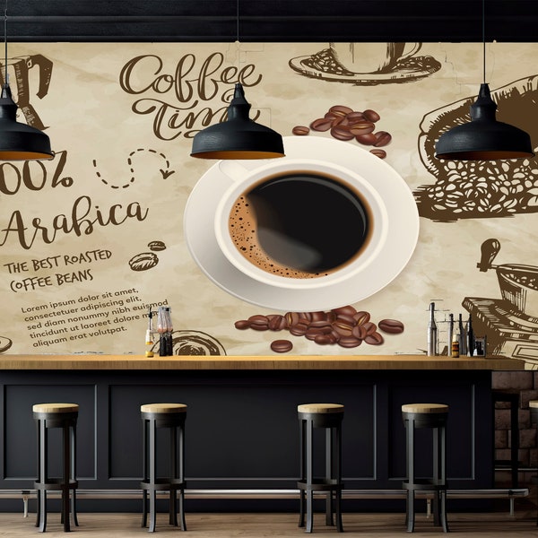 Coffee Shop Peel and Stick Wallpaper,Removable Chalkboard Cafe Wall Mural,Bakery Poster,Kitchen Wall Art,Restaurant Food&Drink Wall Decor