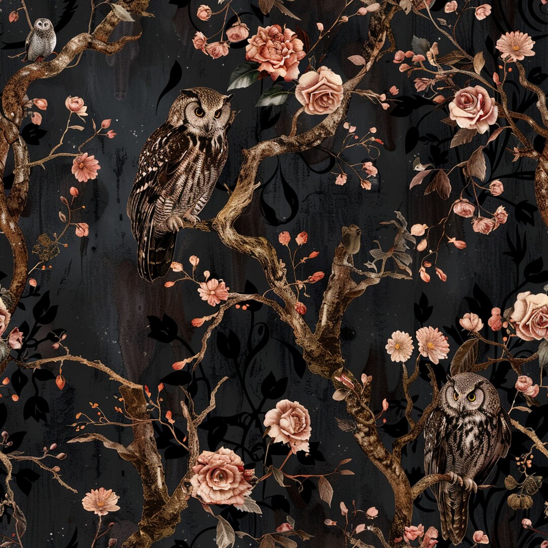 Dark Gothic Wallpaper Peel and Stick,owls and Pink Roses Mural,floral