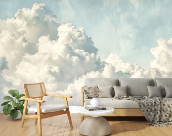 White Clouds Wallpaper Peel and Stick,Serene Blue Sky Mural,Renaissance Wall Decor,Bright Fluffy Clouds Landscape Wall Art,Ancient Wallpaper