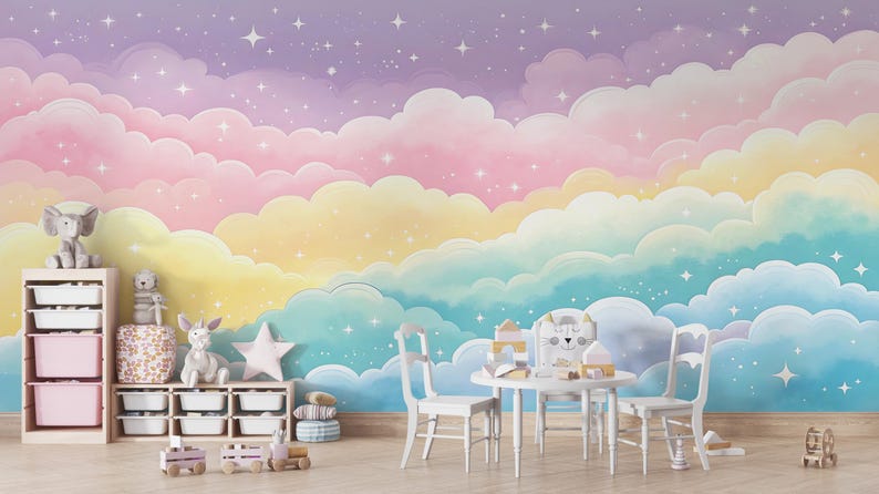 Pink Clouds Kids Wallpaper Peel and Stick,colorful Sky Nursery Mural ...