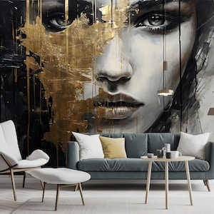Abstraktes Frauen-Gesicht-Tapeten-Schälen und -Stick, modernes schwarzes Goldwandbild, weibliche Porträt-Wand-Kunst selbstklebend, kundenspezifische Luxusmode-Tapete