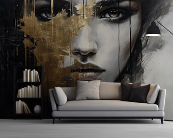Abstract Woman Face Wallpaper Peel and Stick,Modern Black Gold Mural,Female Portrait Wall Art Self-adhesive,Custom Luxury Fashion Wallpaper
